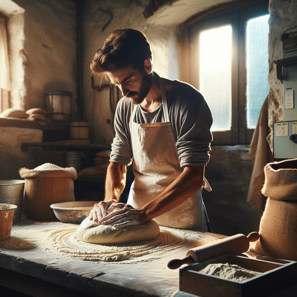 Image générée par IA - Un artisan boulanger pétrissant de la pâte dans un...
